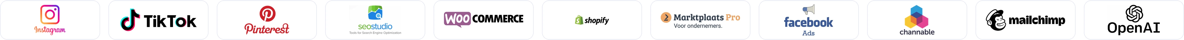 Instagram, TikTok, Pinterest, SEO Studio, WooCommerce, Shopify, Marktplaats Pro, Facebook Ads, Channable, Mailchimp en OpenAI